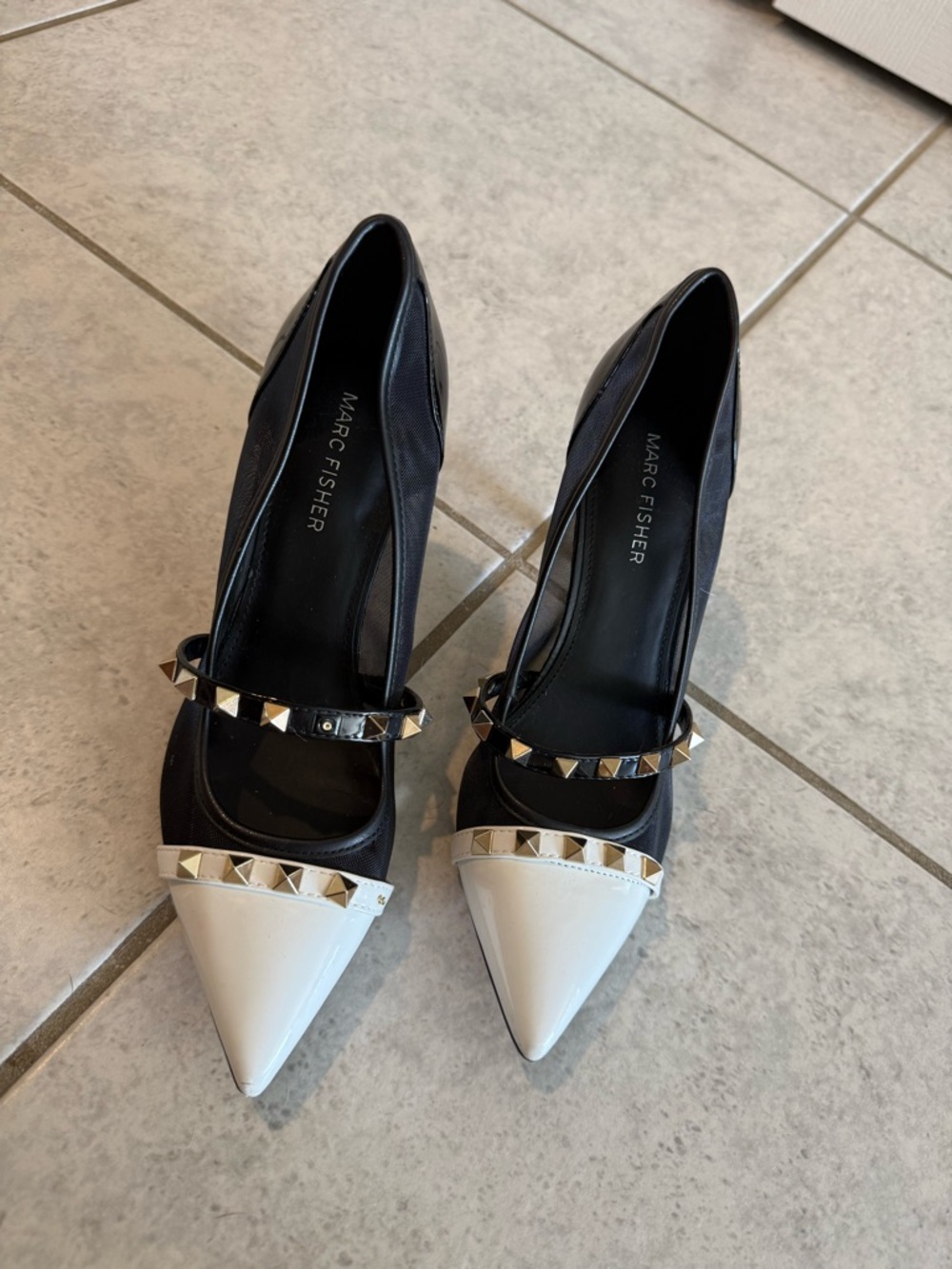 Marc Fisher Black and White Pointed-Toe Mary Jane Heels with Gold Studs